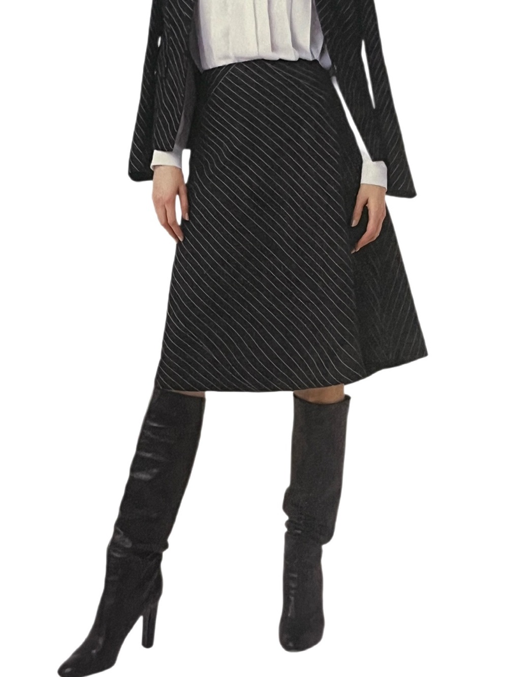 Carlisle Pinstriped Classic Black A-Line Midi Skirt - NWT